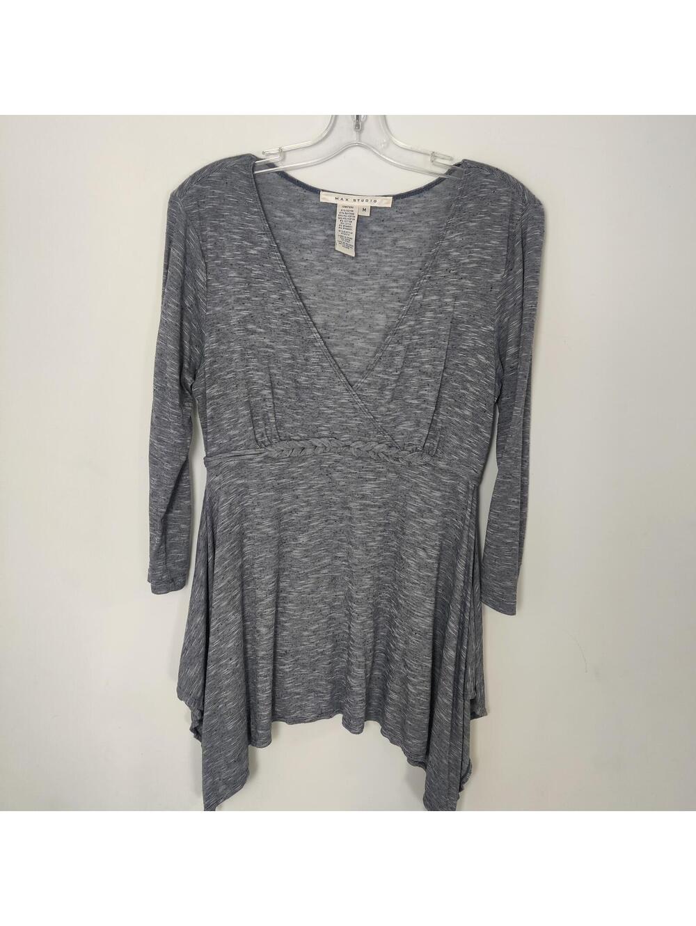 Max Studio Marled Knit Tunic Top Medium Surplice Braided Waist Handkerchief Hem